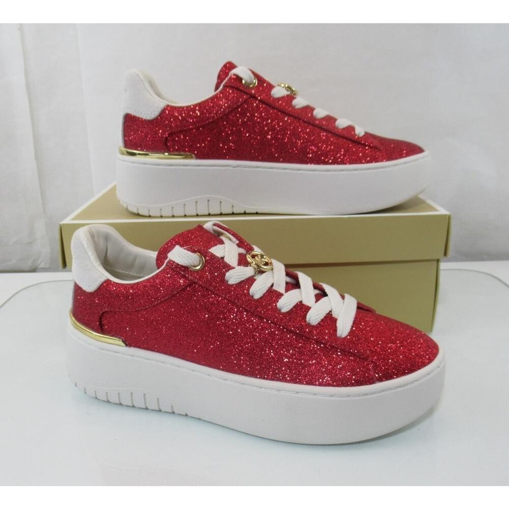 Michael Kors Size 8.5 Dottie Lace Up Platform Sneakers Glitter Leather Red - Picture 3 of 8